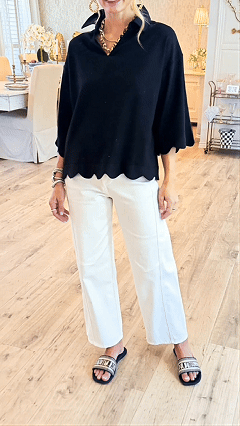 Women's Scalloped Edge V-Neck Loose Lapel 3/4 Sleeve Blouse