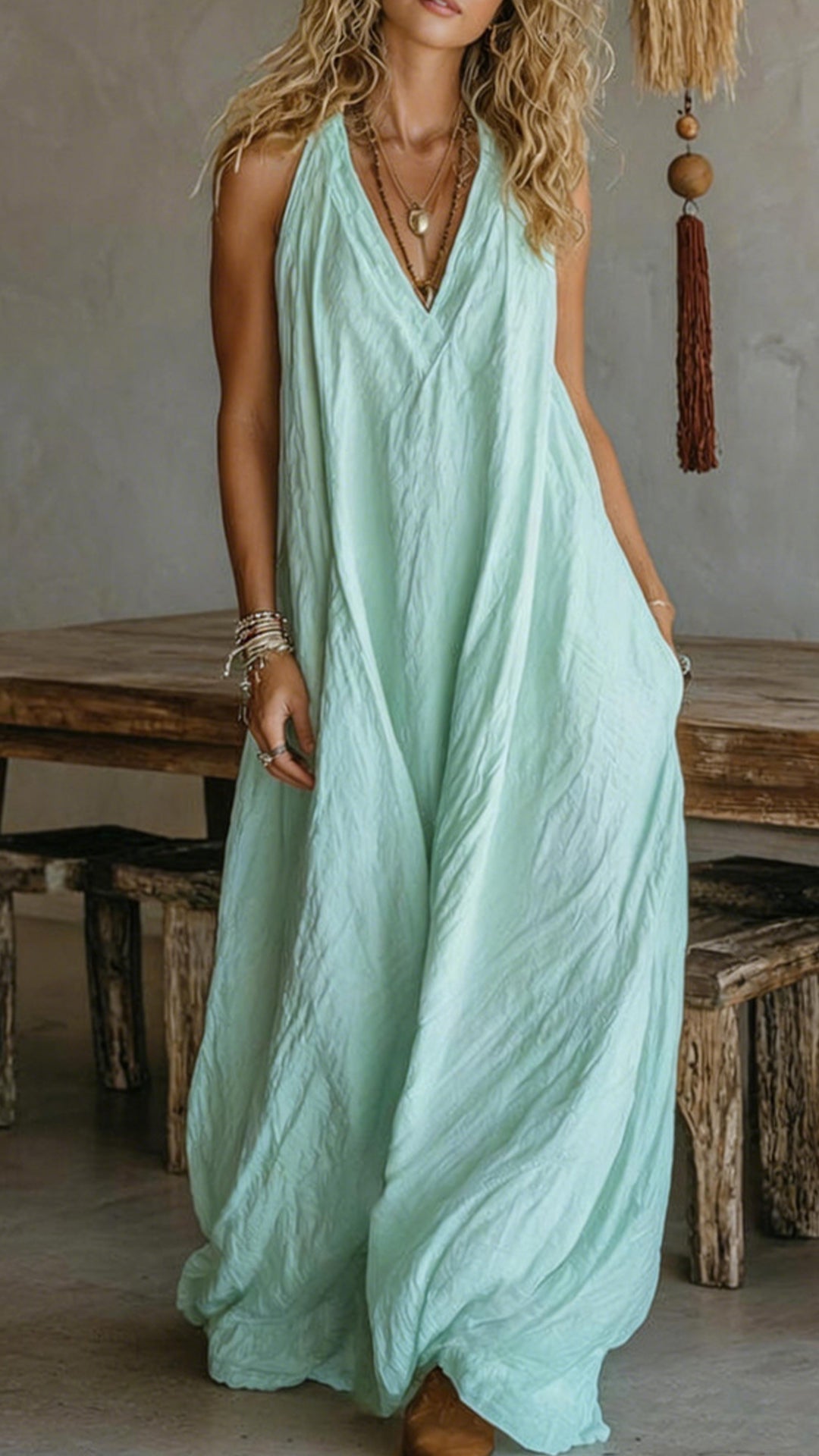 Halter V-Neck Linen-Blend Maxi Dress