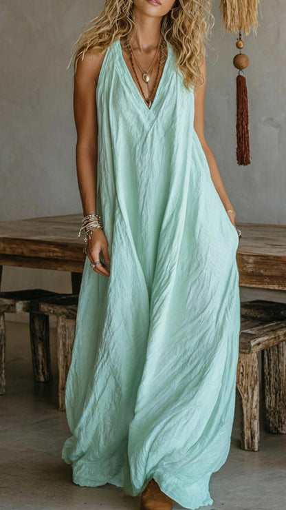 Halter V-Neck Linen-Blend Maxi Dress