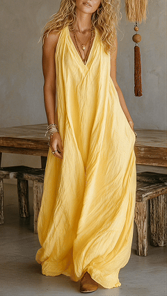 Halter V-Neck Linen-Blend Maxi Dress