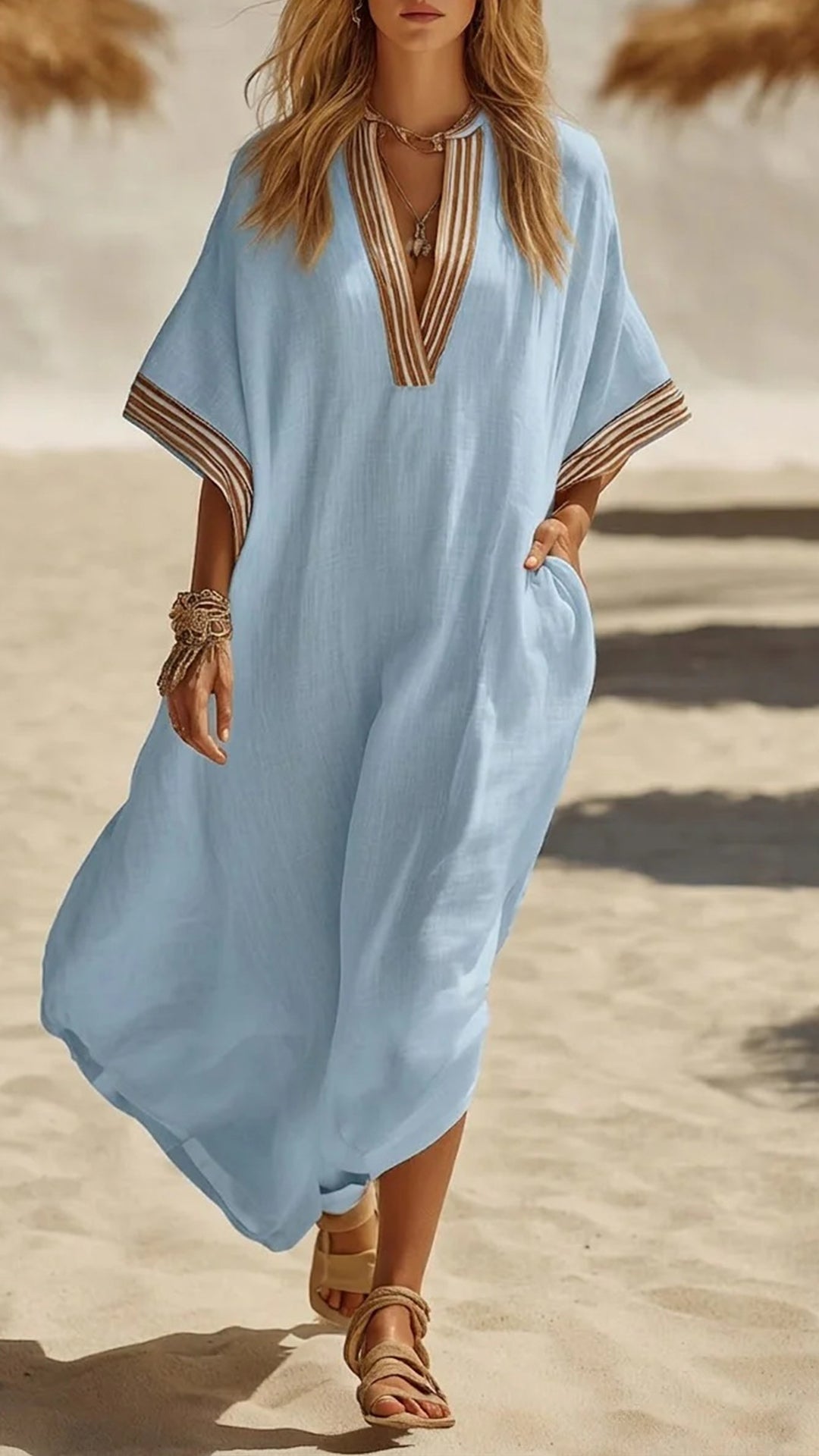 Linen V-Neck Loose maxi Dress