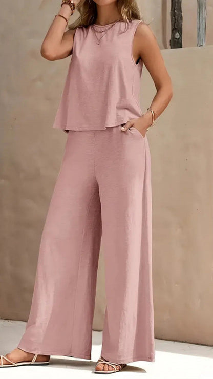 Casual Vacation Style - Sleeveless Cotton-Blend Two-Piece Set