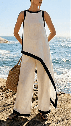 Contrast Trim Cotton-Blend Asymmetrical Wide-Leg Pants Set