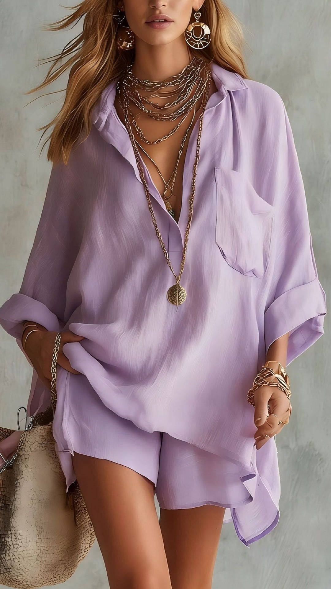 Women's Cotton-Blend Loose Shirt & Shorts Set