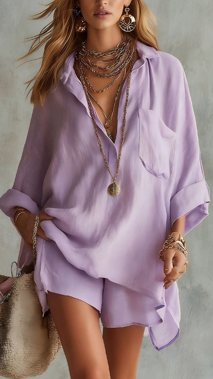 Women's Cotton-Blend Loose Shirt & Shorts Set
