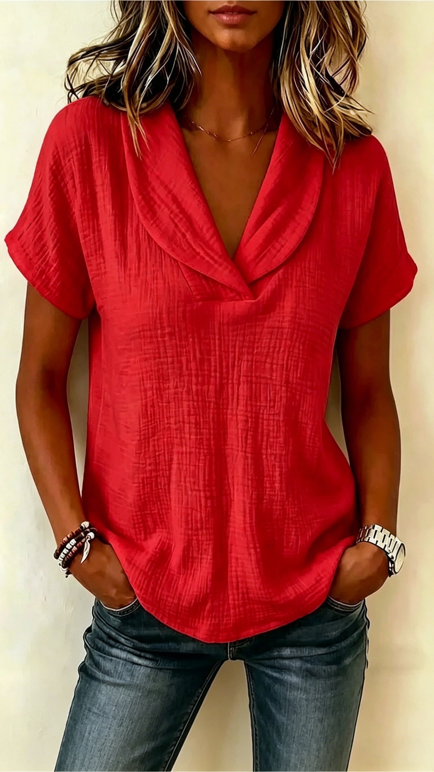 Short-Sleeve Crepe V-Neck Casual Fashion T-Shirt