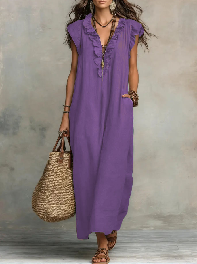 Cotton-Blend Ruffle V-Neck Maxi Dress