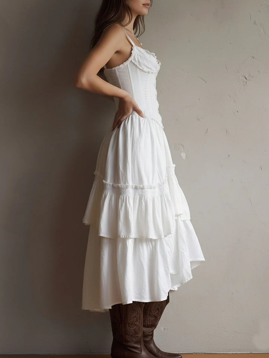 white renee Corset Tiered Midi Dress With Lace-Trim