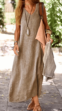 Vintage-effect V-neck Sleeveless Loose Maxi Dress