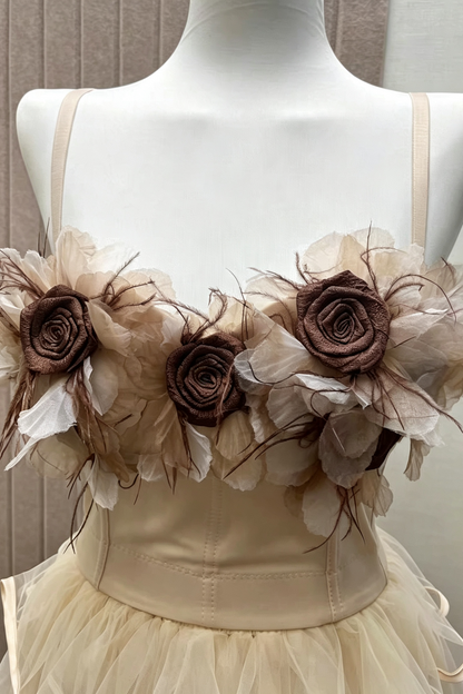 Nude Spaghetti Strap 3D Floral Corset Top & Tiered Satin Trim Tulle Mini Skirt Set