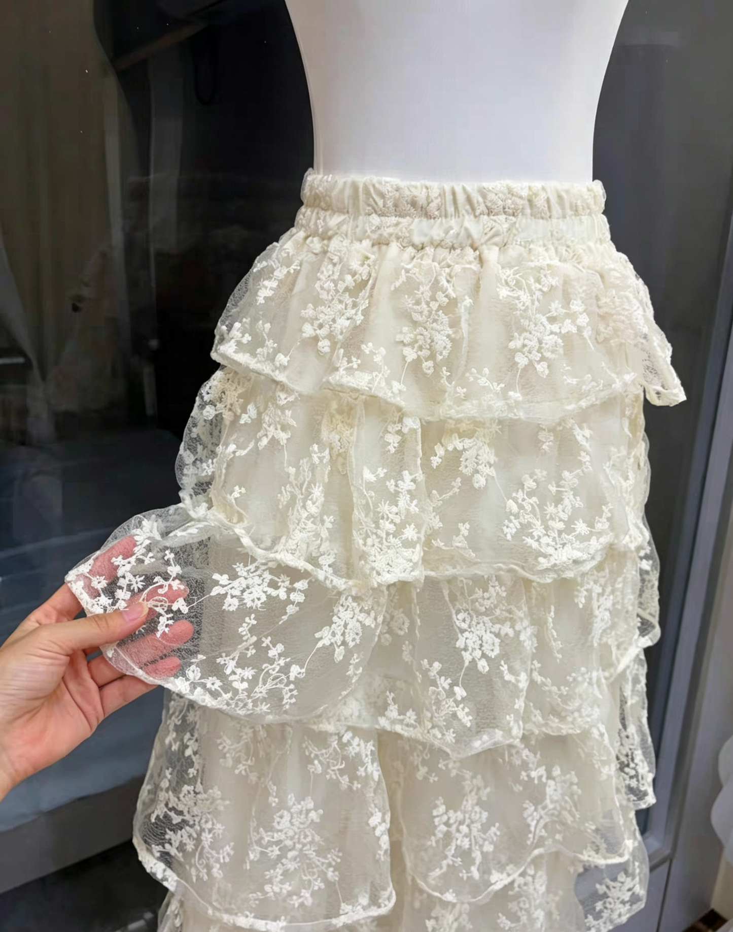 Ivory Wide Strap Lace Corset Peplum Top & Tiered High Low Lace Skirt Set