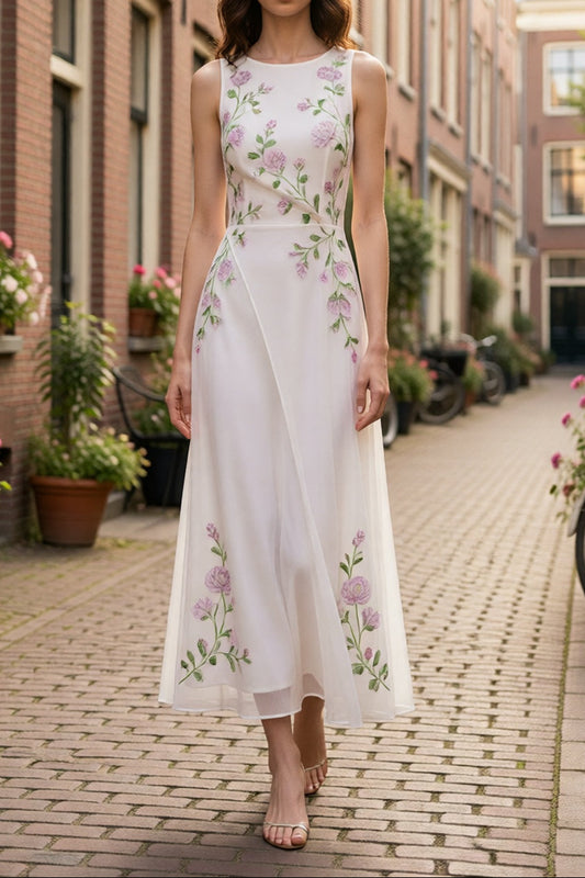 White Sleeveless Crew Neck Asymmetrical Purple Peony Floral Embroidery Sheer Chiffon Flowy Maxi Dress