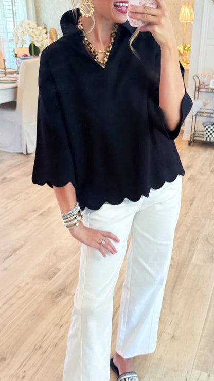 Women's Scalloped Edge V-Neck Loose Lapel 3/4 Sleeve Blouse