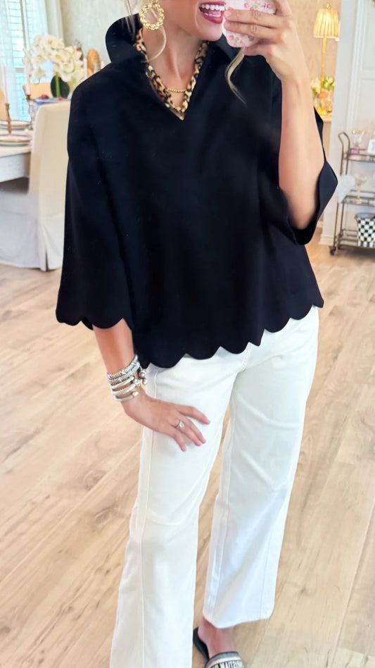 Women's Scalloped Edge V-Neck Loose Lapel 3/4 Sleeve Blouse