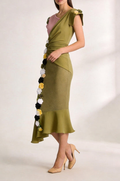 Olive Green Asymmetrical One-Shoulder Midi Dress with Floral Appliqué cobalt accent matte satin or fine cotton sateen Blouse - product view 2
