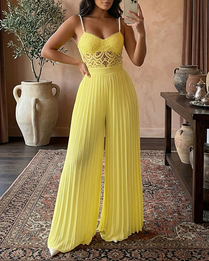 Women's Two Piece Set Lace Cami Top with Stretchy Pearl Straps and High Waist Pleated Wide Leg Chiffon Pants