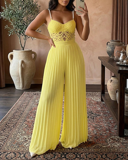 Women's Two Piece Set Lace Cami Top with Stretchy Pearl Straps and High Waist Pleated Wide Leg Chiffon Pants