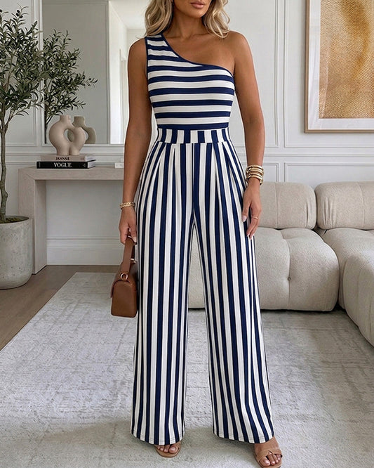 Women's Striped One Shoulder Jumpsuit Casual High Waisted Wide Leg Overalls