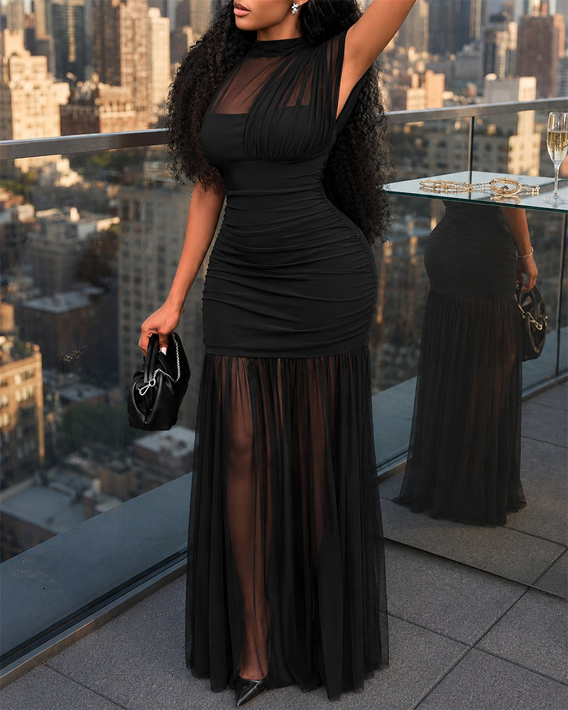 Mock Neck Sleeveless Sheer Mesh Spliced Maxi Dress Elegant Cinched Waist Zipper Side Ruched Evening Dress