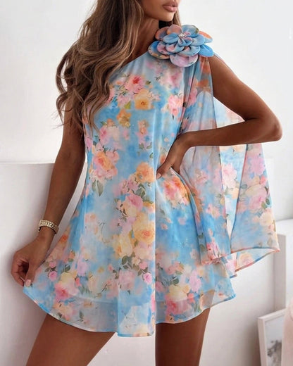 CHICME Women's Floral Print One-Shoulder Chiffon Dress 3D Floral Decor Split Sleeve Loose A-Line Mini Dress