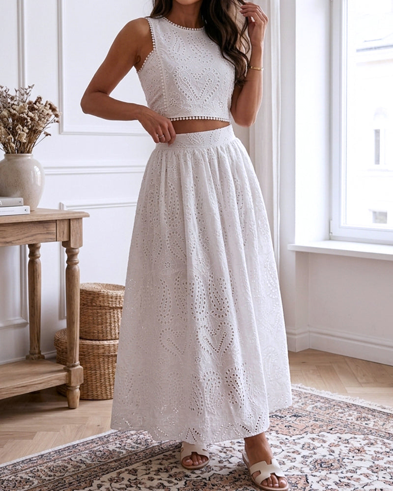 2 Pieces Outfit Sleeveless Hollow-out Back Zipper Side Crop Top and Casual High Waist Elastic Back Waist A Line Skirt Set Casual Lace Hollow Out Pattern Set