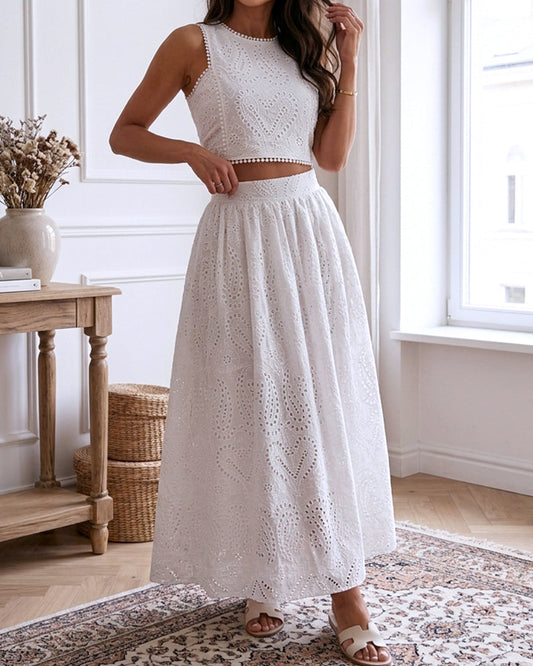 2 Pieces Outfit Sleeveless Hollow-out Back Zipper Side Crop Top and Casual High Waist Elastic Back Waist A Line Skirt Set Casual Lace Hollow Out Pattern Set