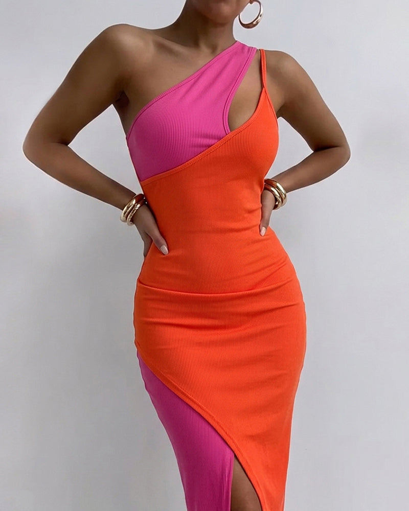 Women's Asymmetric One Shoulder Bodycon Dress Colorblock Cutout Adjustable Strap Wrap Slit Midi Dress