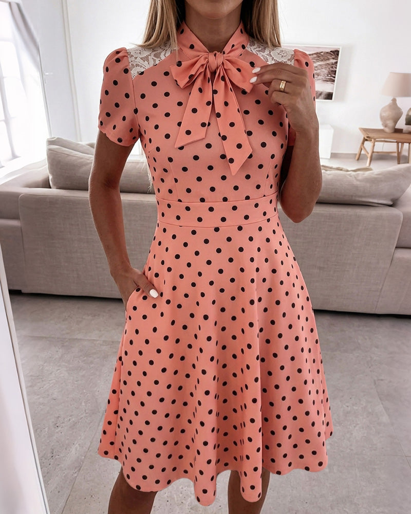 Women's Polka Dot A Line Dress Vintage Tie Neck Puff Sleeve Lace Patchwork Commuting Dress with Pockets