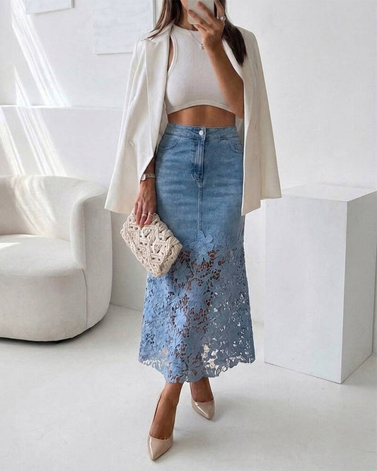 Women's Guipure Lace Spliced Denim Skirt High Waisted Jean Skirt French-Style Casual Skirt