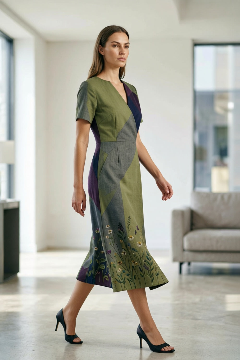 Linen Cotton Midi Dress with Abstract Color Block Design & Botanical Floral Hem