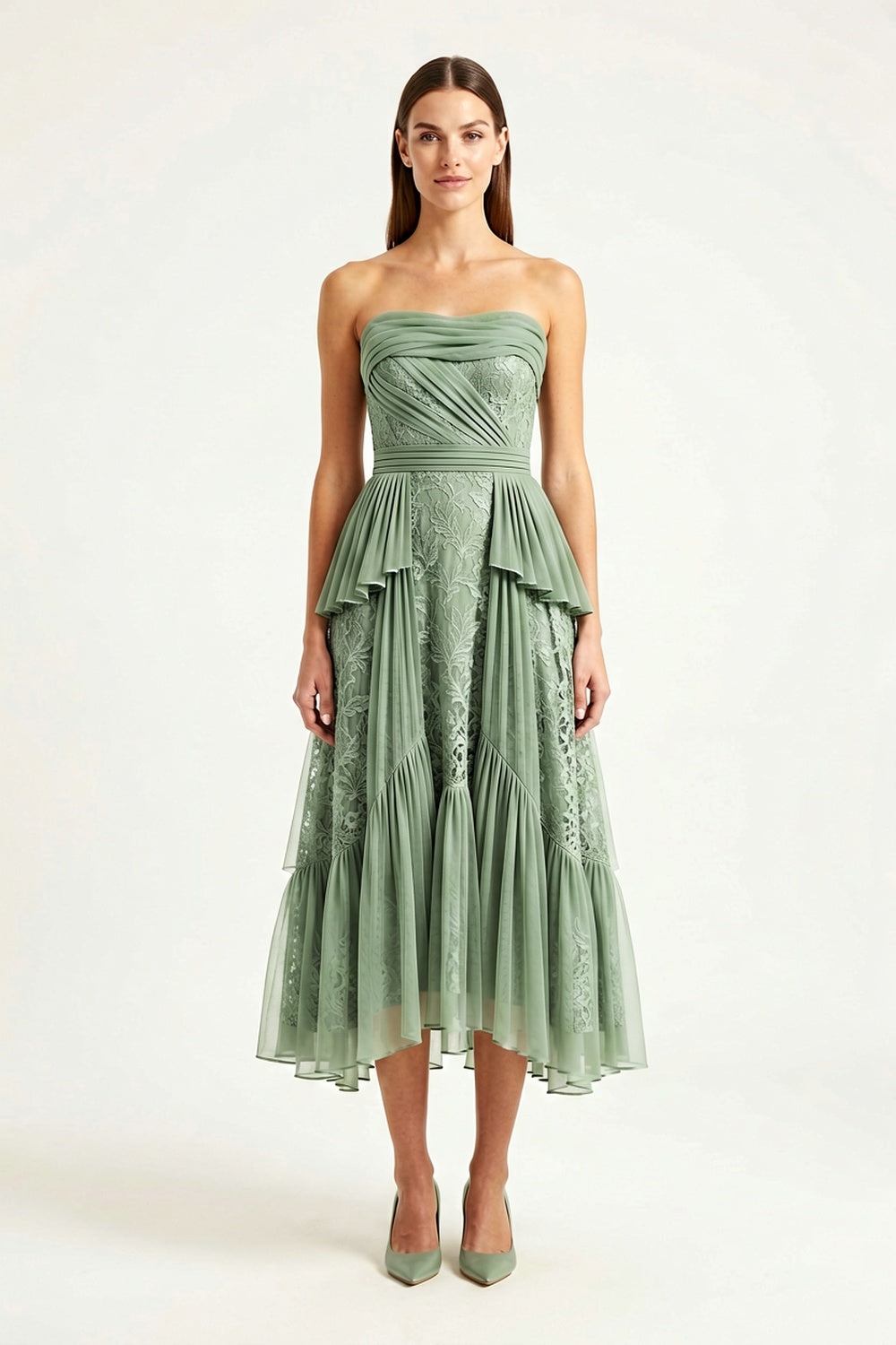 Sea-Glass Green Strapless Midi Dress sea-glass green matte crepe, compact viscose or washed satin with low shine Midi Dress - product view 1