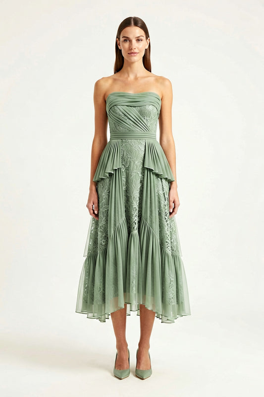 Sea-Glass Green Strapless Midi Dress sea-glass green matte crepe, compact viscose or washed satin with low shine Midi Dress - product view 1