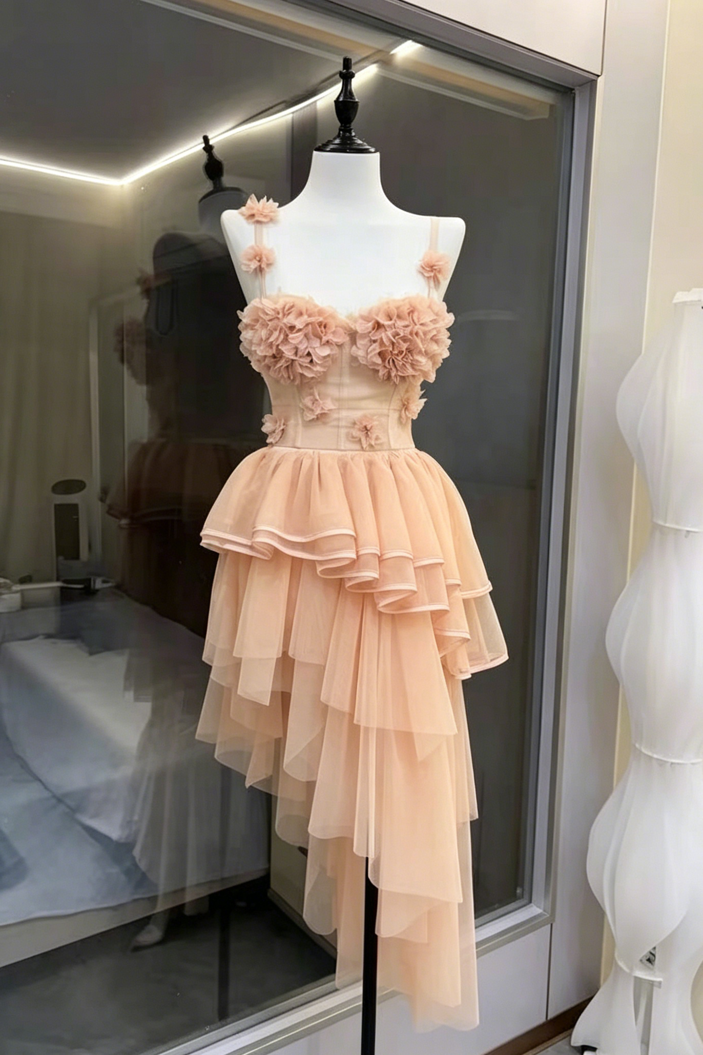 Blush Spaghetti Strap 3D Floral Corset Top & High Low Tiered Tulle Skirt Set