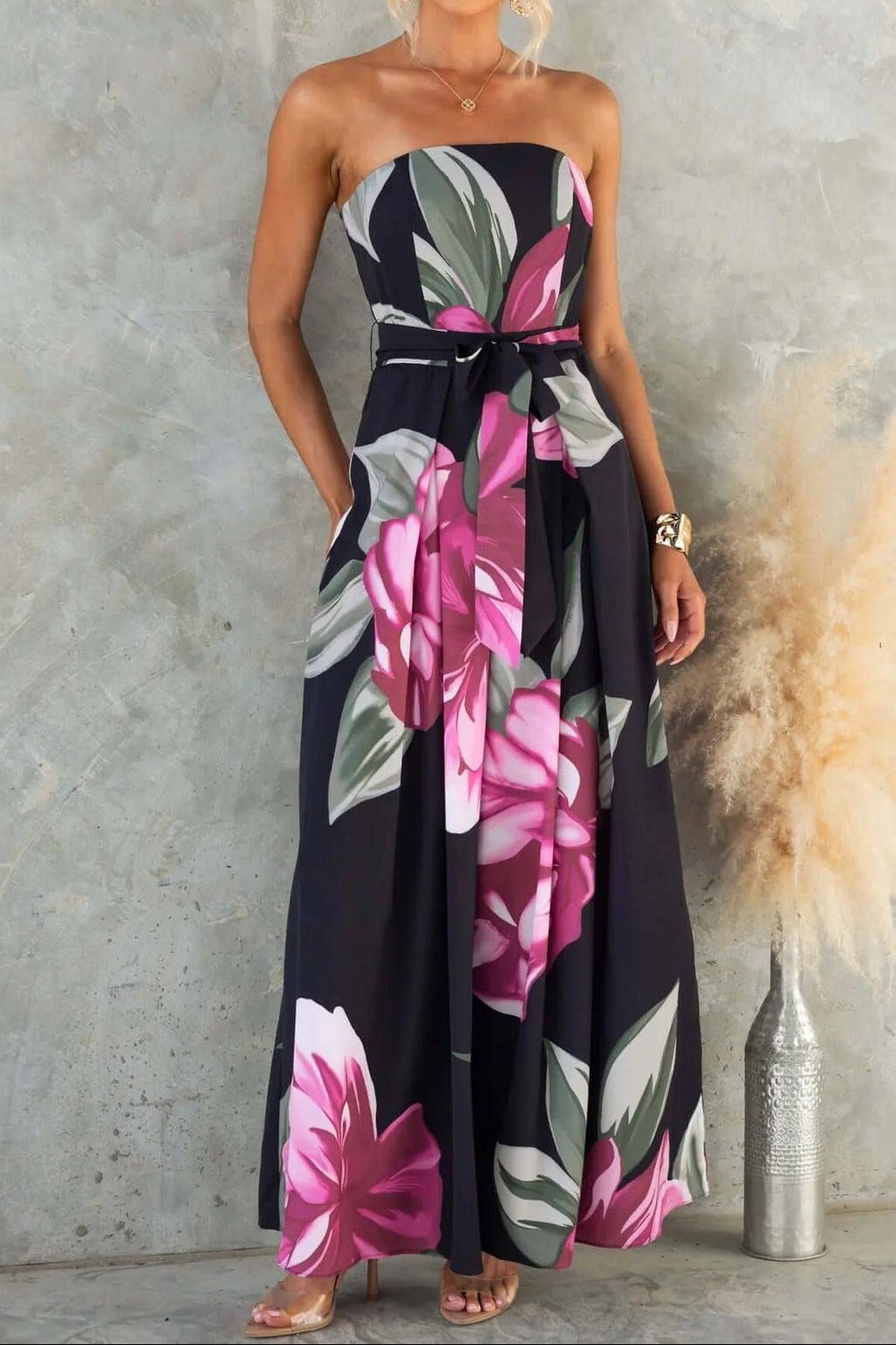 nancy off-shoulder floral print Jumpsuit - black
