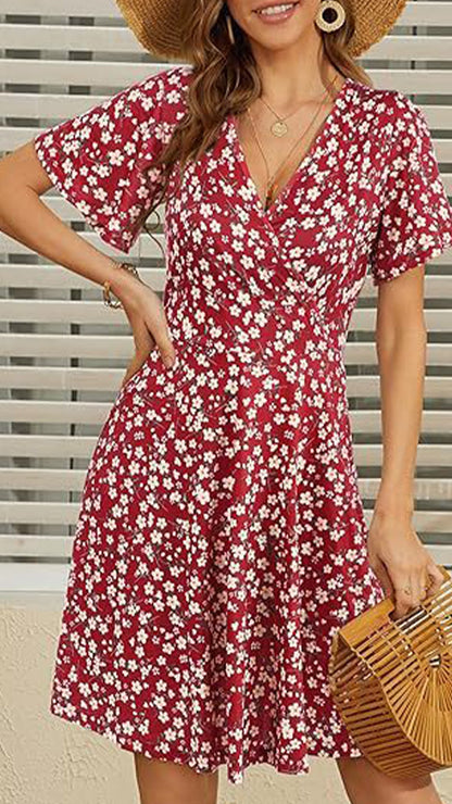 floral print V-Neck Loose silk Mini Dress