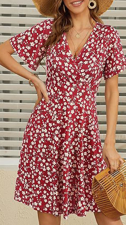 floral print V-Neck Loose silk Mini Dress