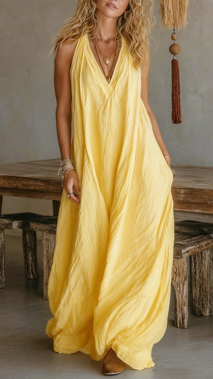 Halter V-Neck Linen-Blend Maxi Dress