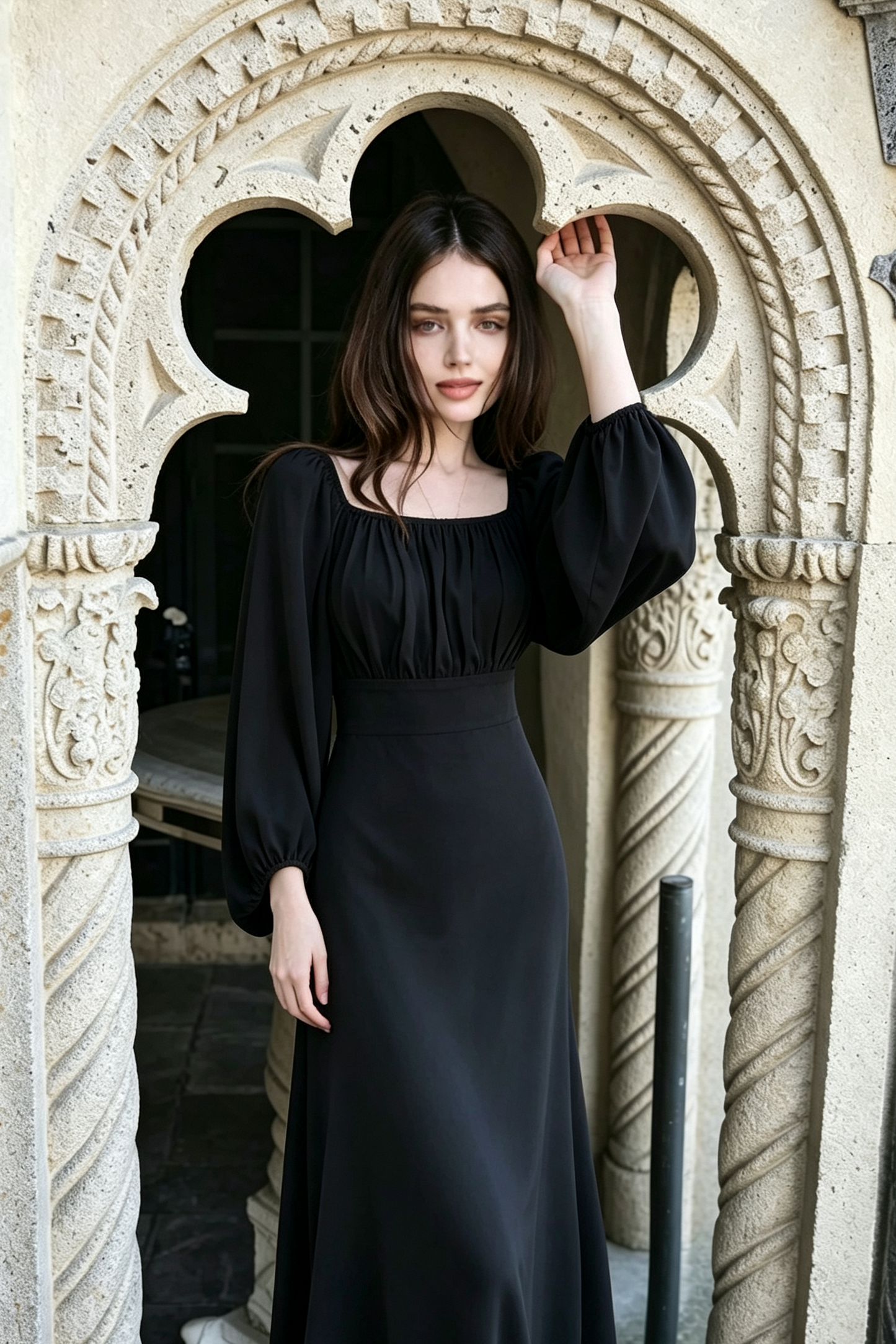 Square Neck Puff Long Sleeve High Waist Eco Recycled Cotton Dress - Black