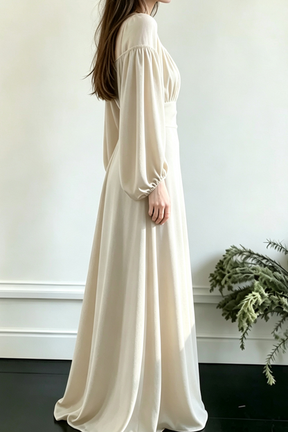 Square Neck Puff Long Sleeve High Waist Eco Recycled Cotton Dress - White