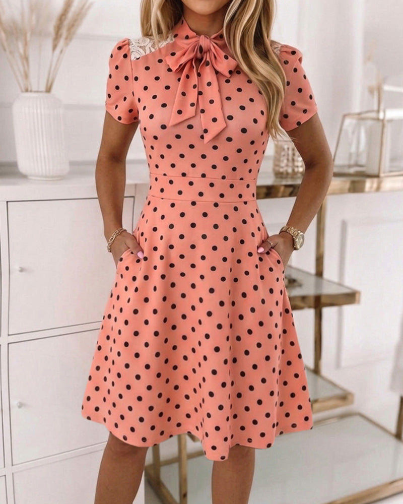 Women's Polka Dot A Line Dress Vintage Tie Neck Puff Sleeve Lace Patchwork Commuting Dress with Pockets