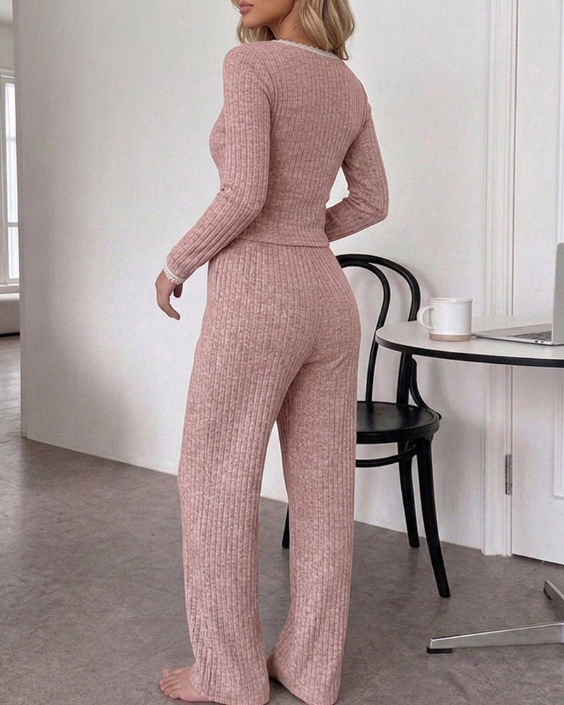 Lounge Sets Lace Trim Long Sleeve Top and High Waisted Pants Pajamas Sets with Pockets