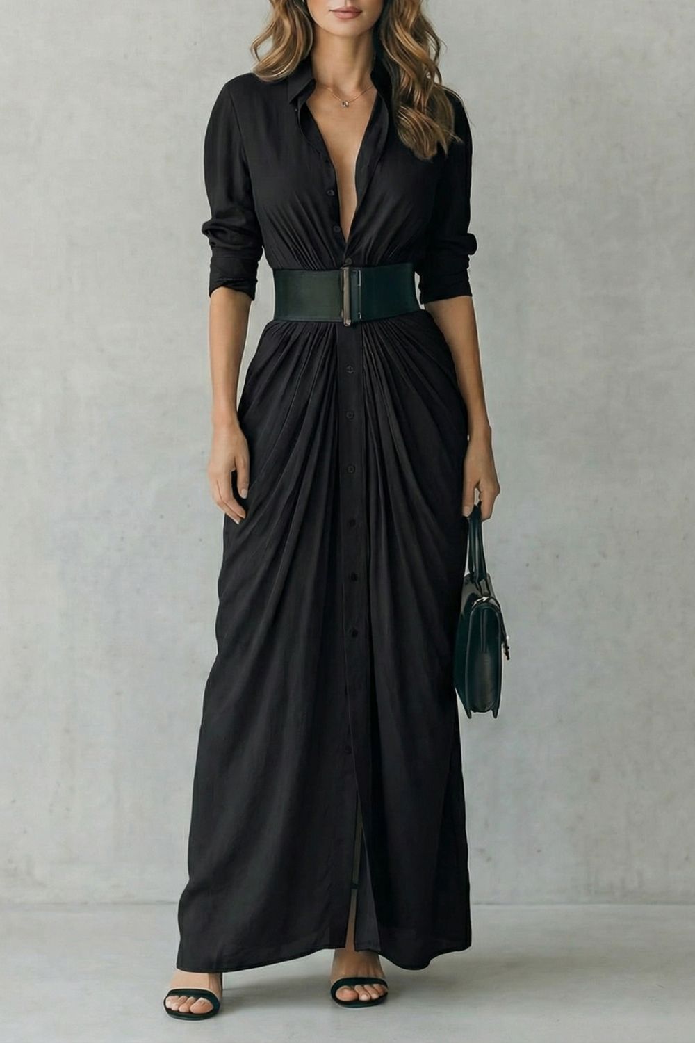 Solenzia – Pleated waist drama – Maxi shirt dress (includes belt)
