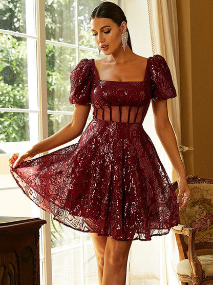 Square Neck Short Sleeve Sequin Red Mini Dress