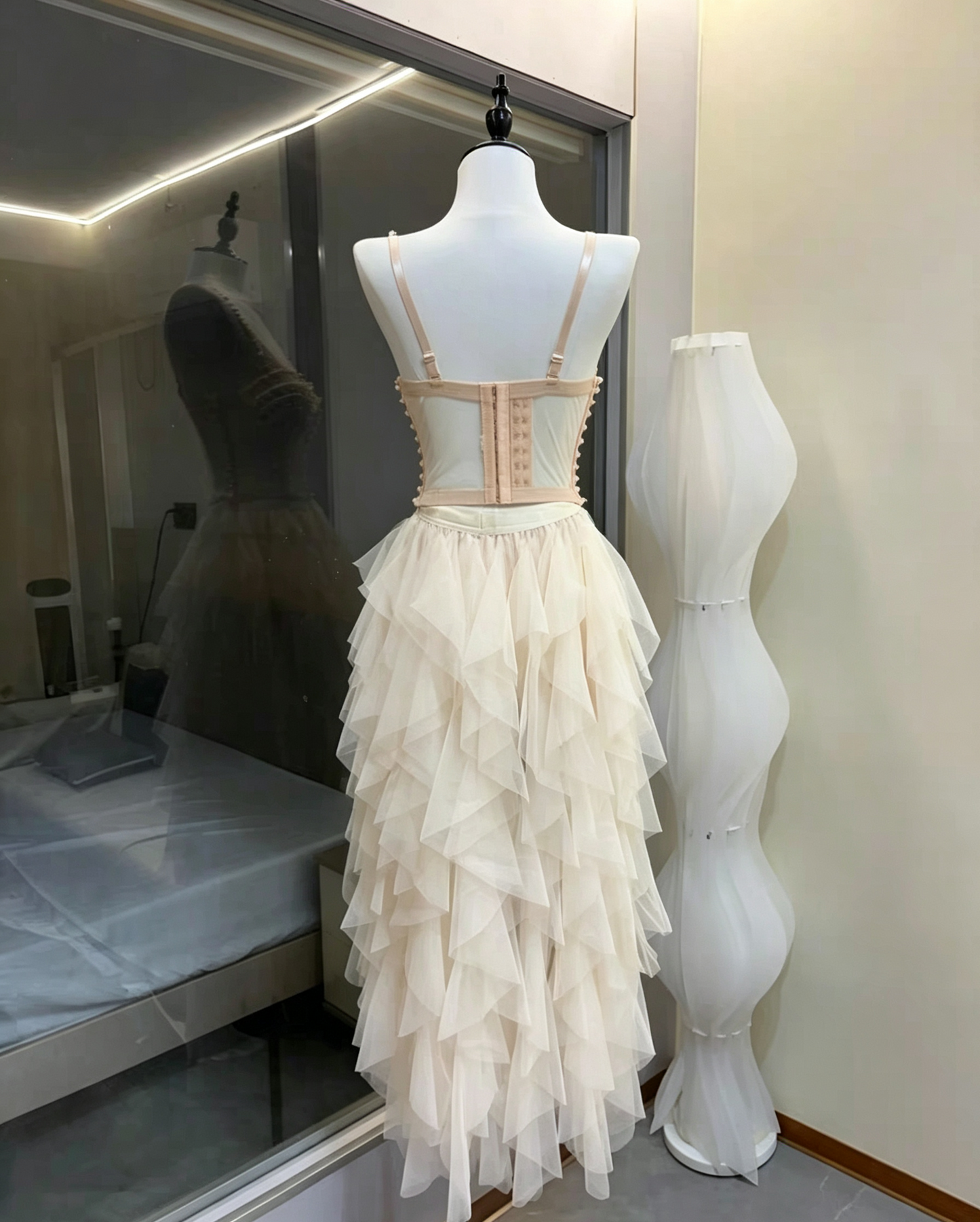 Cream Strapless Pearl Embellished Corset Top & High Low Ruffle Tulle Skirt Set