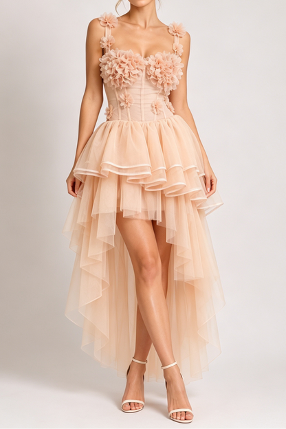 Blush Spaghetti Strap 3D Floral Corset Top & High Low Tiered Tulle Skirt Set