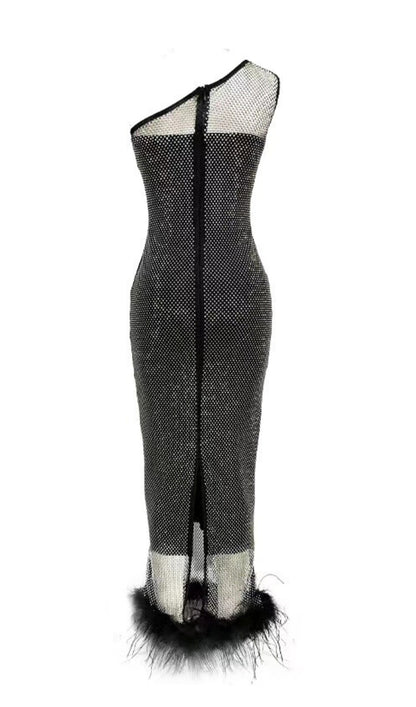 MESH DIAMOND FEATHER BANDAGE MAXI DRESS IN BLACK