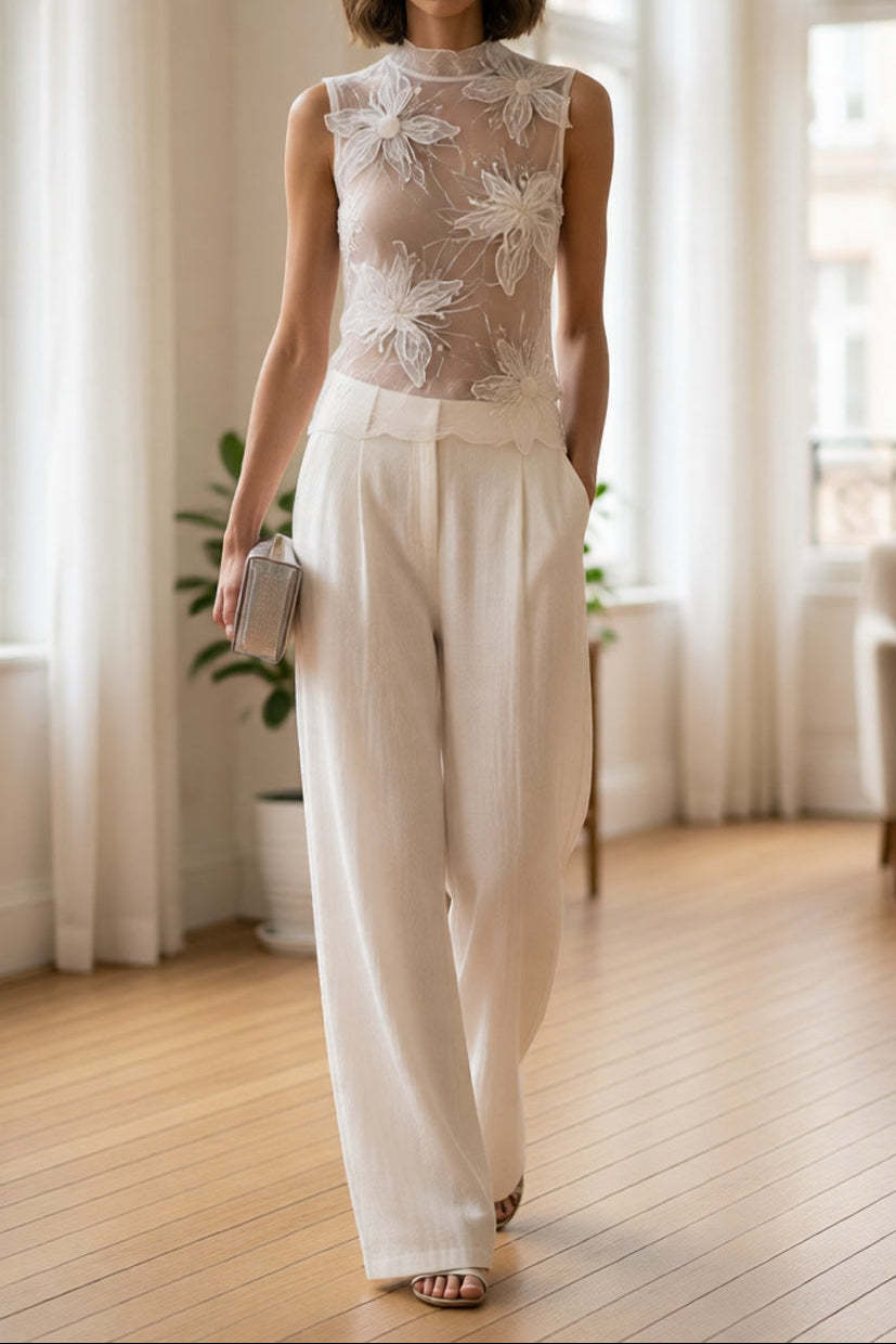 White 3D Floral Mesh Top & Wide Leg Pants 2-Piece Set