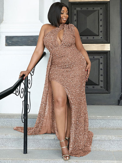 Plus Size Cutout Sequin Ribbon Prom Dress