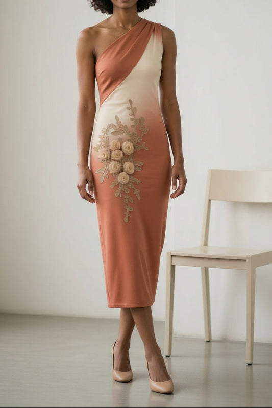 Terracotta Beige Ombre Gradient Asymmetrical One Shoulder 3D Rose Floral Applique Slim Bodycon Midi Dress