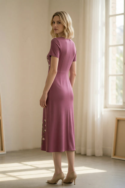 Dusty Purple Round Neck Short Sleeve Asymmetrical 3D Cream Rose Floral Embroidery Slim Flared Midi Dress